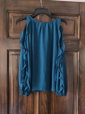 1. State Teal Ruffle Cold-Shoulder Blouse